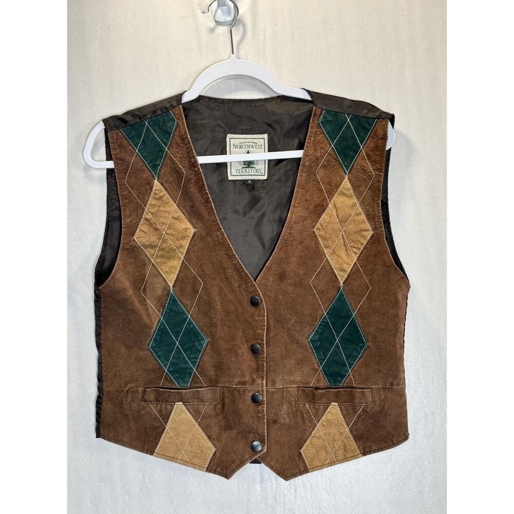 Northwest Territory Womens Argyle Suede Leather Vest Vtg Western Heritage Small